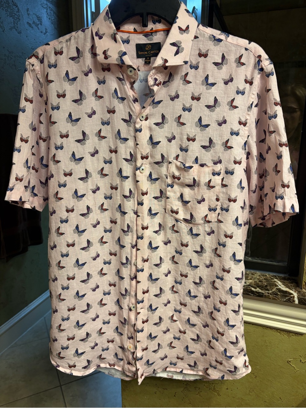 Simon Carter London Men's Short Sleeve Butterfly Print, Light Pink Slub Linen